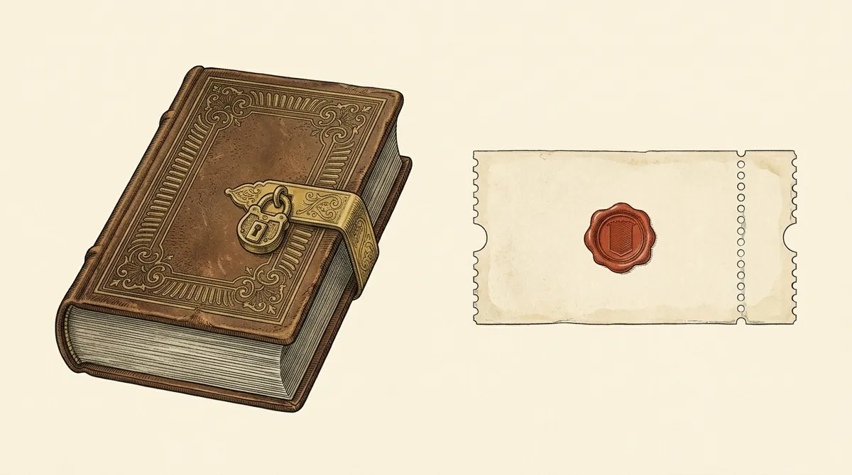 Chromolithograph of a locked ledger book and a ticket stub with a red wax seal.