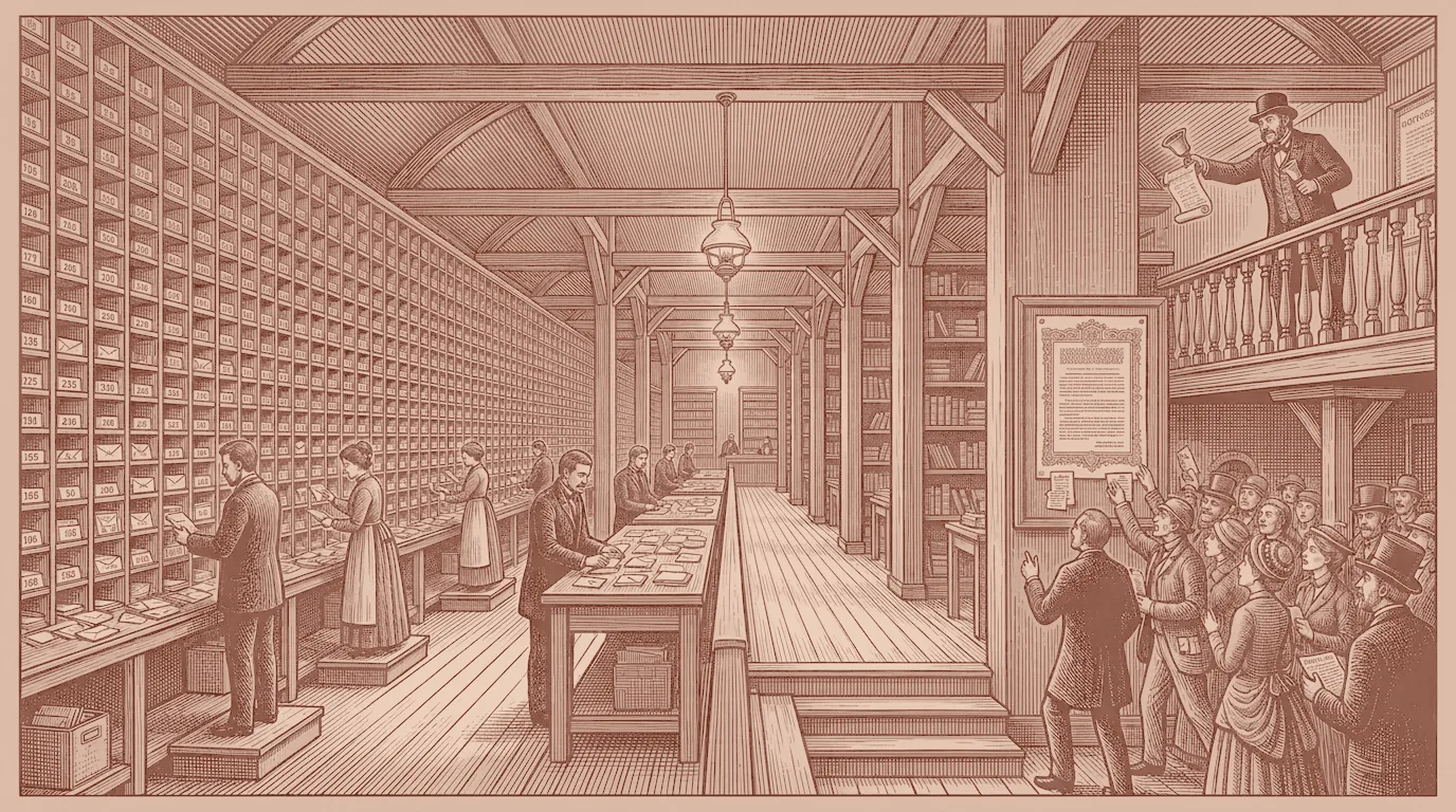 Woodcut print of a 19th-century post office: clerks put copies of one letter into hundreds of pigeonholes, while a town crier on a balcony reads one notice that the crowd walks up to read.