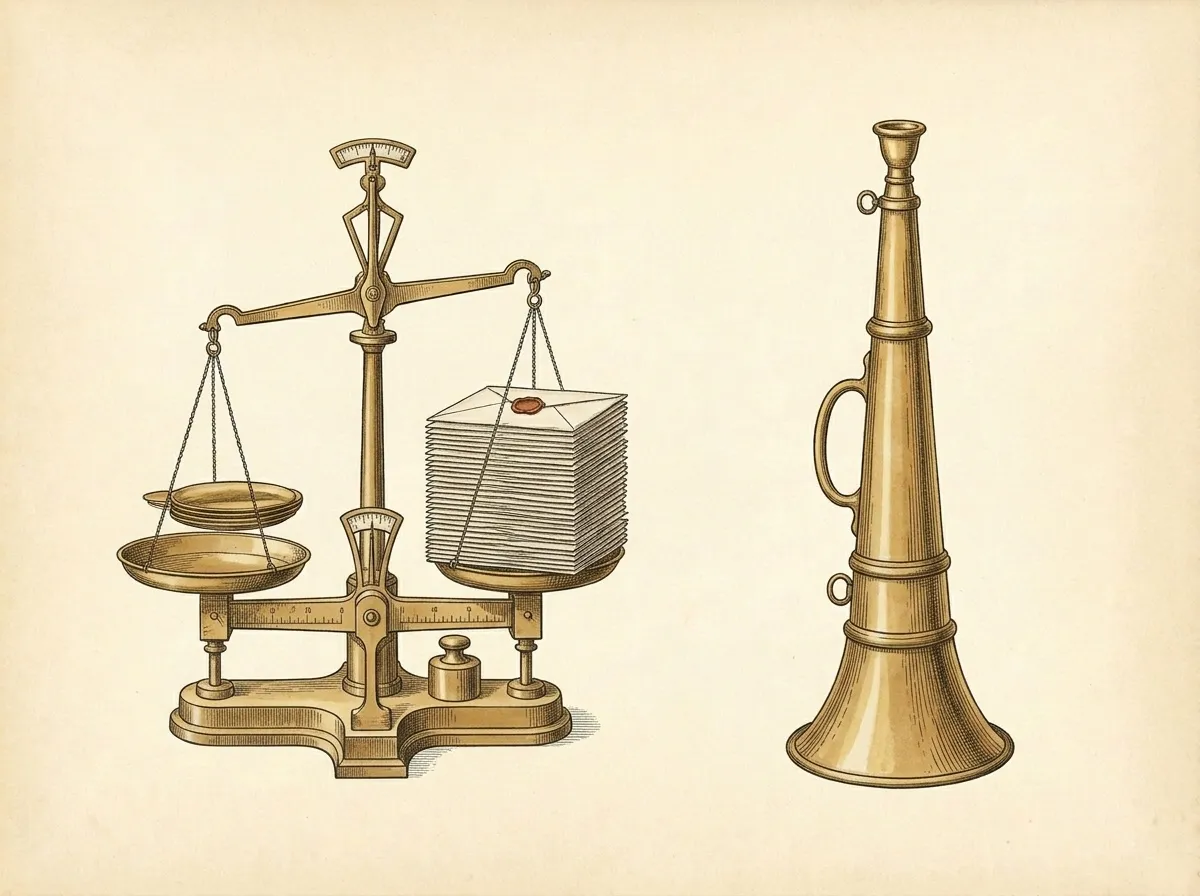Chromolithograph of an antique brass letter scale beside a stack of identical sealed envelopes, and a brass speaking trumpet.
