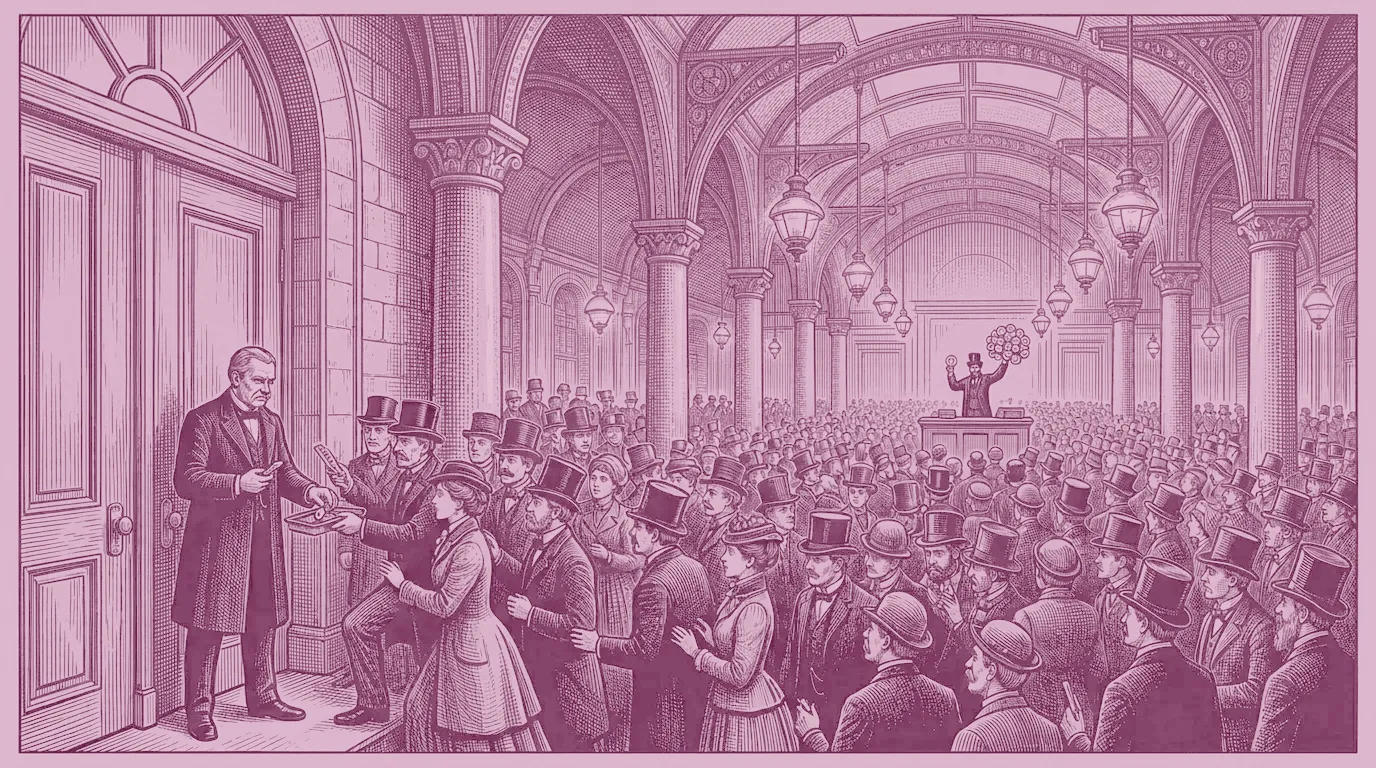 Woodcut print of a 19th-century auction hall: a huge crowd surges toward one small counter where a clerk holds up a hundred numbered tokens, while a doorman at the entrance counts wristbands and turns the rest of the crowd away.