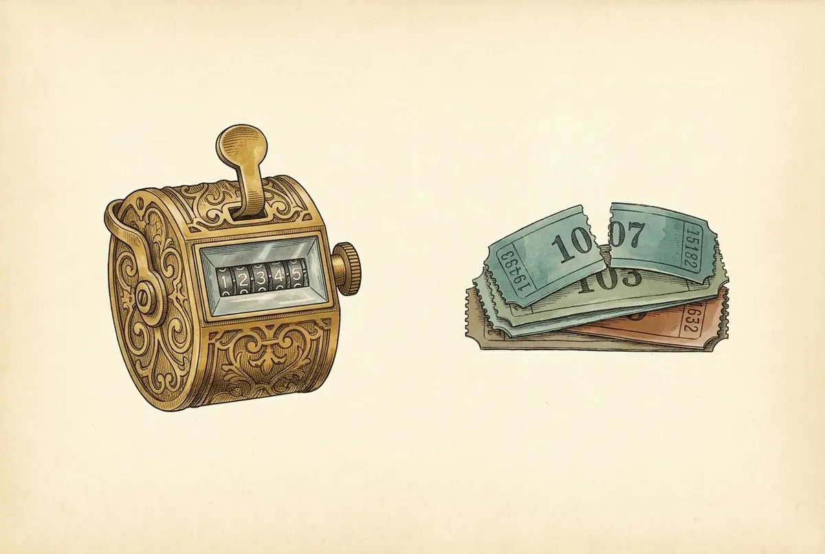 An antique brass hand tally counter with numbered dials beside a small stack of numbered paper tokens, the top one torn in two.