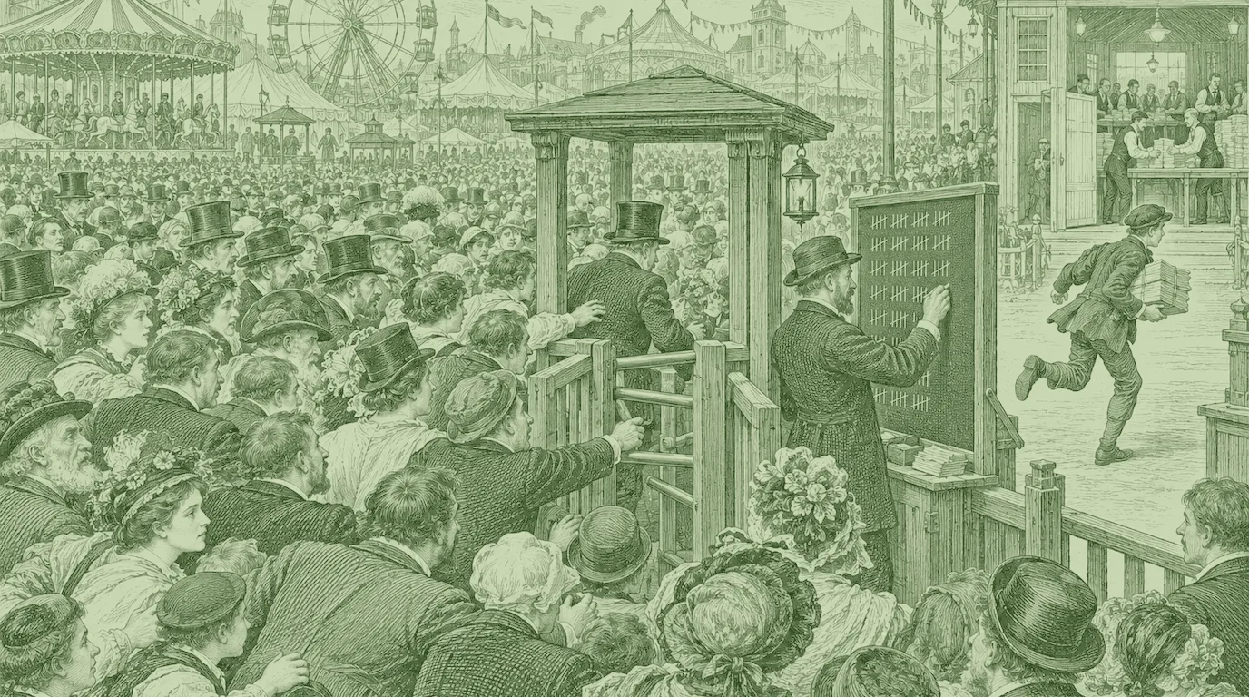 Woodcut print of a fairground entrance where a crowd pushes toward one narrow turnstile, a clerk scratches tally marks on a chalkboard, and a messenger runs tally sheets to a counting house.
