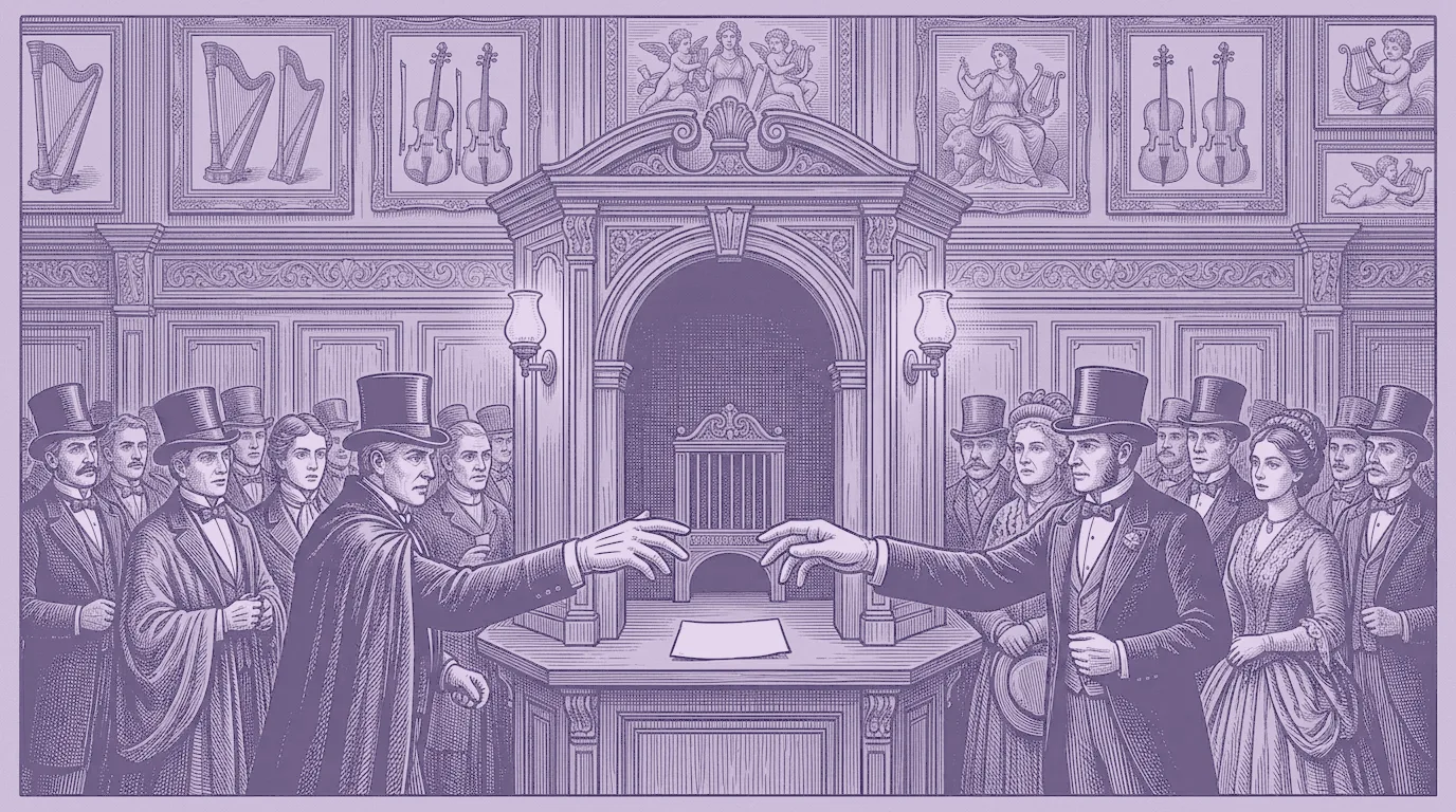 Woodcut print of an opera house box office where two gloved hands from two queues reach for the single last ticket at the same instant.