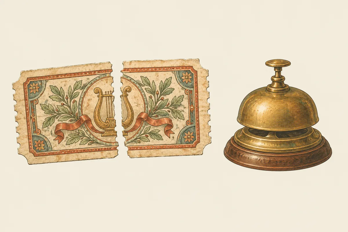 An antique concert ticket torn in two halves along its perforation, beside a small brass counter bell.