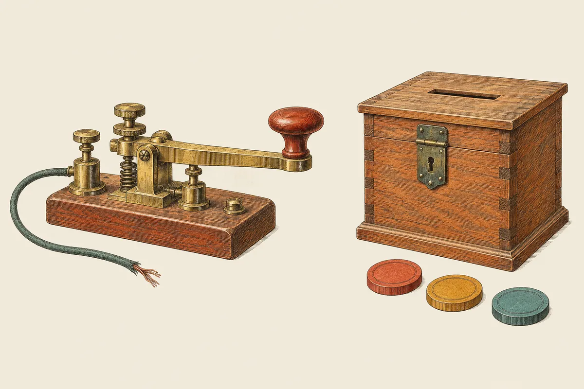 Chromolithograph of an antique brass telegraph key with a cut wire, beside a small wooden ballot box holding three tokens.