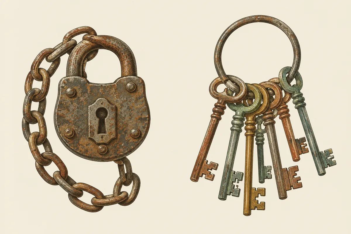 Chromolithograph of a heavy antique iron padlock on a chain, beside an iron ring of many old keys.